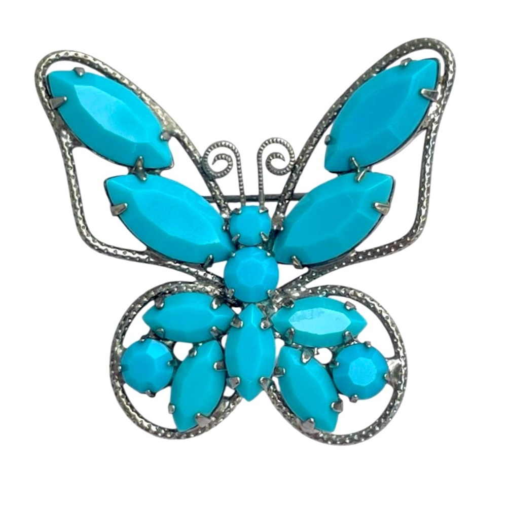 Verified JULIANA D&E Vintage Turquoise Opaque Rhinestone Butterfly Brooch